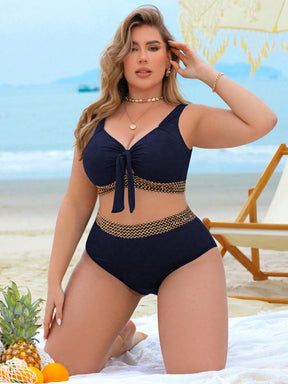 Swim Lushoire Conjunto de Maiô Bikini de 2 peças para Mulheres Plus Size com Tecido Texturizado, Amarração na Frente do Busto e Cintura Alta, Traje de Banho Elegante e Sexy para Férias na Praia e Verão