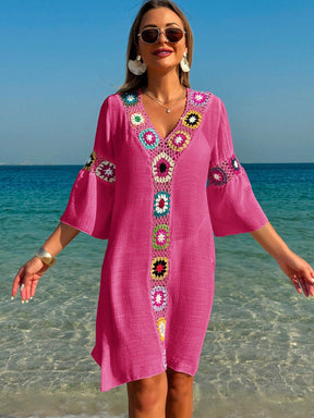 Swim Vcay Roupas de Verão para Mulheres, Vestido Túnica Solto com Decote em V, Manga 3/4, Flor de Crochê em Cor Aleatória, Fenda Lateral, Ideal para Praia e Férias de Verão