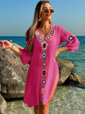 Swim Vcay Roupas de Verão para Mulheres, Vestido Túnica Solto com Decote em V, Manga 3/4, Flor de Crochê em Cor Aleatória, Fenda Lateral, Ideal para Praia e Férias de Verão