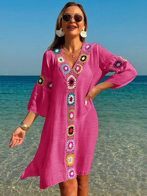 Swim Vcay Roupas de Verão para Mulheres, Vestido Túnica Solto com Decote em V, Manga 3/4, Flor de Crochê em Cor Aleatória, Fenda Lateral, Ideal para Praia e Férias de Verão