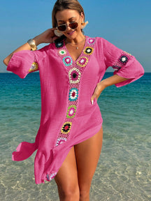 Swim Vcay Roupas de Verão para Mulheres, Vestido Túnica Solto com Decote em V, Manga 3/4, Flor de Crochê em Cor Aleatória, Fenda Lateral, Ideal para Praia e Férias de Verão
