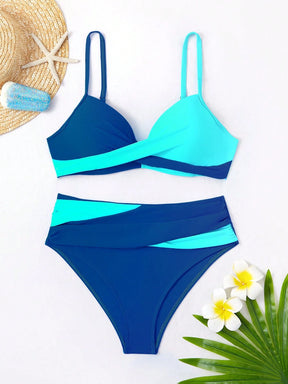 SHEIN Swim Conjunto de Bikini feminino com detalhe transversal em blocos de cores para o verão na praia