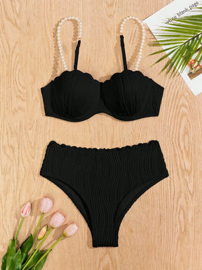 Conjunto de Maiô Bikini Sexy Feminino para o Verão na Praia com tiras de ombro decoradas com pérolas falsas