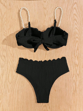 Conjunto de Maiô Bikini Sexy Feminino para o Verão na Praia com tiras de ombro decoradas com pérolas falsas