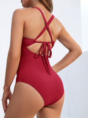 Swim DD+ Maiô Plissado Monocromático Feminino, Estilo Simples para Férias na Praia no Verão