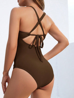 Swim DD+ Maiô Plissado Monocromático Feminino, Estilo Simples para Férias na Praia no Verão
