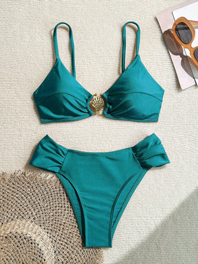Swim Vcay Conjunto de Maiô Bikini com Alças Finas Plissadas de Corte Alto, Acessórios Metálicos Sexy, Totalmente Vegano, Roupa de Praia de Férias de Primavera para Mulheres, Roupa de Banho de Verão para Mulheres