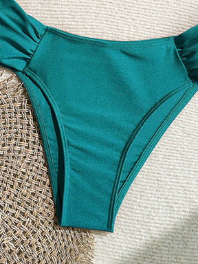 Swim Vcay Conjunto de Maiô Bikini com Alças Finas Plissadas de Corte Alto, Acessórios Metálicos Sexy, Totalmente Vegano, Roupa de Praia de Férias de Primavera para Mulheres, Roupa de Banho de Verão para Mulheres