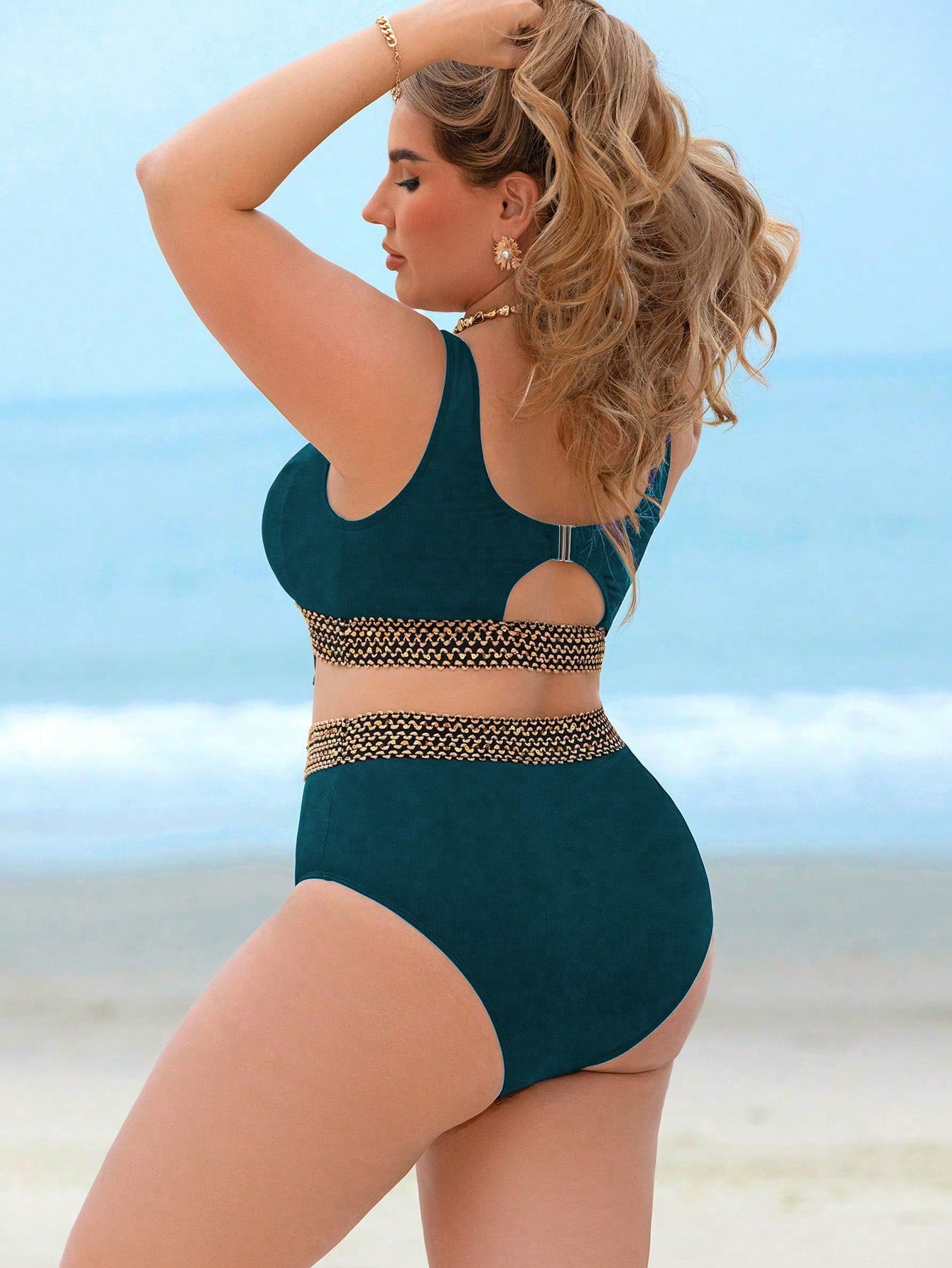 Swim Lushoire Conjunto de Maiô Bikini de 2 peças para Mulheres Plus Size com Tecido Texturizado, Amarração na Frente do Busto e Cintura Alta, Traje de Banho Elegante e Sexy para Férias na Praia e Verão