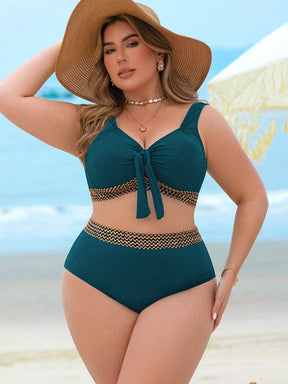 Swim Lushoire Conjunto de Maiô Bikini de 2 peças para Mulheres Plus Size com Tecido Texturizado, Amarração na Frente do Busto e Cintura Alta, Traje de Banho Elegante e Sexy para Férias na Praia e Verão