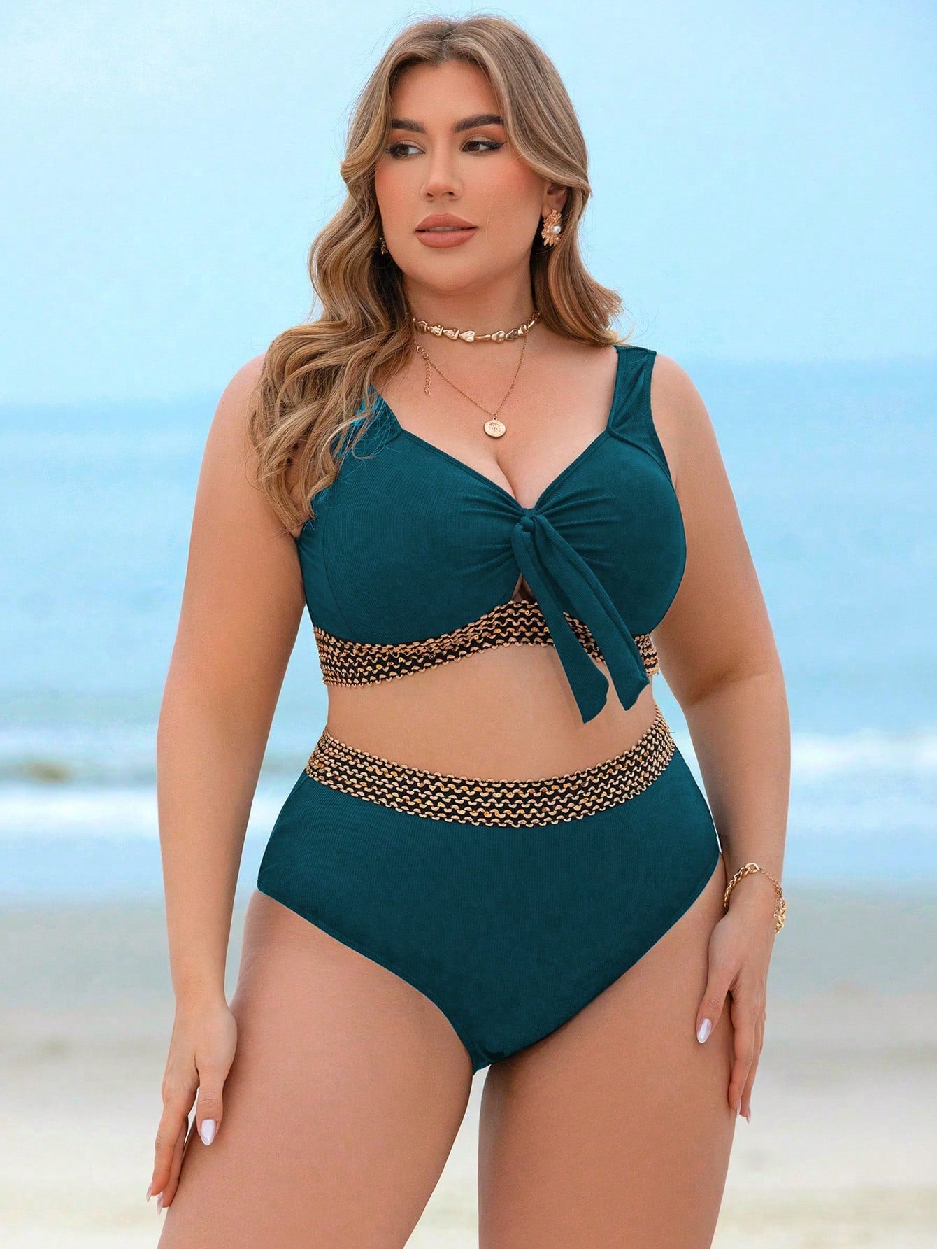 Swim Lushoire Conjunto de Maiô Bikini de 2 peças para Mulheres Plus Size com Tecido Texturizado, Amarração na Frente do Busto e Cintura Alta, Traje de Banho Elegante e Sexy para Férias na Praia e Verão