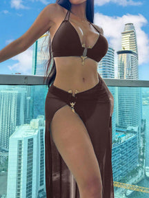 Swim SXY Conjunto de Maiô Bikini e Saída de Praia Feminino Verão Sólido Halter com Amarração, Sexy, com Saia de Cobertura, Traje de Férias