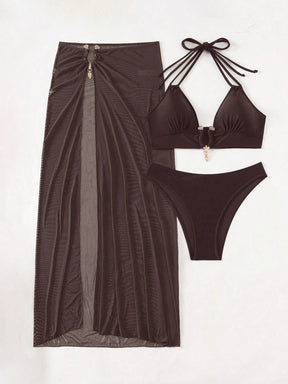 Swim SXY Conjunto de Maiô Bikini e Saída de Praia Feminino Verão Sólido Halter com Amarração, Sexy, com Saia de Cobertura, Traje de Férias