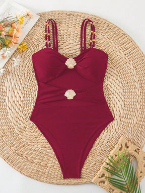 Swim Chiccia Maiô de Uma Peça para Praia e Resort, Decor de Metal, Decote Vazado, com Alças Duplas, Cor Sólida, para Mulheres
