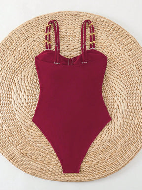 Swim Chiccia Maiô de Uma Peça para Praia e Resort, Decor de Metal, Decote Vazado, com Alças Duplas, Cor Sólida, para Mulheres