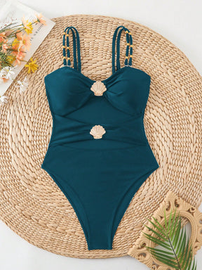 Swim Chiccia Maiô de Uma Peça para Praia e Resort, Decor de Metal, Decote Vazado, com Alças Duplas, Cor Sólida, para Mulheres
