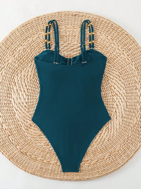 Swim Chiccia Maiô de Uma Peça para Praia e Resort, Decor de Metal, Decote Vazado, com Alças Duplas, Cor Sólida, para Mulheres
