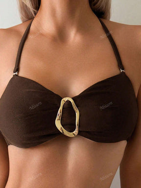 Conjunto de Maiô Bikini Tomara que Caia de Duas Peças de Cor Sólida e Busto Plano, com Acessórios Metálicos no Meio, Adequado para Férias na Ilha, Fotografia, Natação, para a Praia no Verão