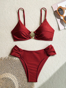 Swim Vcay Conjunto de Maiô Bikini com Alças Finas Plissadas de Corte Alto, Acessórios Metálicos Sexy, Totalmente Vegano, Roupa de Praia de Férias de Primavera para Mulheres, Roupa de Banho de Verão para Mulheres