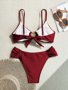 Swim Vcay Conjunto de Maiô Bikini com Alças Finas Plissadas de Corte Alto, Acessórios Metálicos Sexy, Totalmente Vegano, Roupa de Praia de Férias de Primavera para Mulheres, Roupa de Banho de Verão para Mulheres