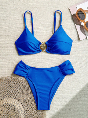 Swim Vcay Conjunto de Maiô Bikini com Alças Finas Plissadas de Corte Alto, Acessórios Metálicos Sexy, Totalmente Vegano, Roupa de Praia de Férias de Primavera para Mulheres, Roupa de Banho de Verão para Mulheres