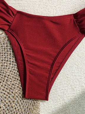 Swim Vcay Conjunto de Maiô Bikini com Alças Finas Plissadas de Corte Alto, Acessórios Metálicos Sexy, Totalmente Vegano, Roupa de Praia de Férias de Primavera para Mulheres, Roupa de Banho de Verão para Mulheres