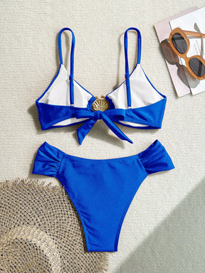 Swim Vcay Conjunto de Maiô Bikini com Alças Finas Plissadas de Corte Alto, Acessórios Metálicos Sexy, Totalmente Vegano, Roupa de Praia de Férias de Primavera para Mulheres, Roupa de Banho de Verão para Mulheres