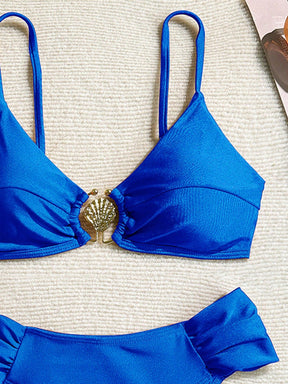 Swim Vcay Conjunto de Maiô Bikini com Alças Finas Plissadas de Corte Alto, Acessórios Metálicos Sexy, Totalmente Vegano, Roupa de Praia de Férias de Primavera para Mulheres, Roupa de Banho de Verão para Mulheres