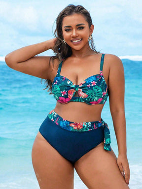 Swim Lushoire Conjunto com 2 Peças Estampa de Planta Tropical Aleatória para Mulheres Plus Size, Top Assimétrica com Babado e Maiô Bikini Triângulo de Cintura Alta, Traje de Banho Simples para Férias e Uso Diário