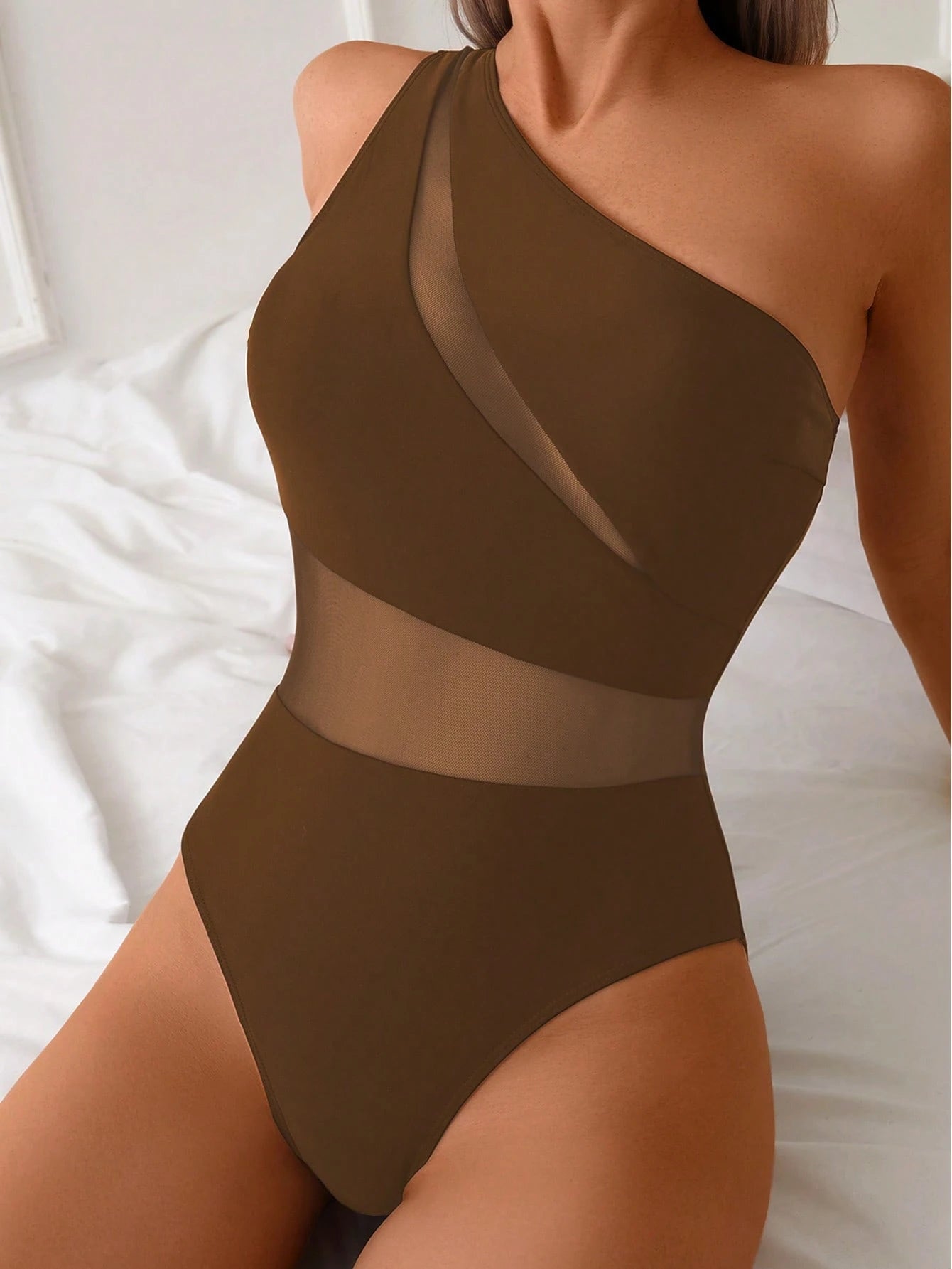 Swim Lushoire 1 Peça Maiô Estilo Spring Break Feminino, Cor Sólida com Recortes em Tela, Assimétrico com Ombro Único e Costas Abertas, Casual e Elegante para Férias e Natação