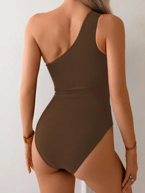 Swim Lushoire 1 Peça Maiô Estilo Spring Break Feminino, Cor Sólida com Recortes em Tela, Assimétrico com Ombro Único e Costas Abertas, Casual e Elegante para Férias e Natação