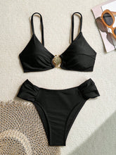 Swim Vcay Conjunto de Maiô Bikini com Alças Finas Plissadas de Corte Alto, Acessórios Metálicos Sexy, Totalmente Vegano, Roupa de Praia de Férias de Primavera para Mulheres, Roupa de Banho de Verão para Mulheres