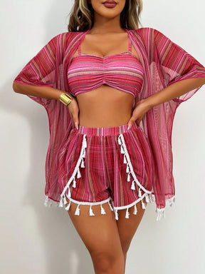 SHEIN Swim 4 Peças Conjunto de Maiô Bikini com Top Franzido de Estampa Geométrica, Parte de Baixo de Maiô Bikini de Padrão Geométrico, Cardigan Colorido com Franjas e Shorts Coloridos com Franjas, Carnaval de Verão