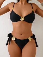 Swim Vcay Conjunto de Maiô Bikini Premium Feminino de 2 Peças em Cor Sólida, Top com Laço e Decoração de Flor de Metal e Parte de Baixo com Laço Sexy, Roupa de Praia para Resort, Banho de Sol