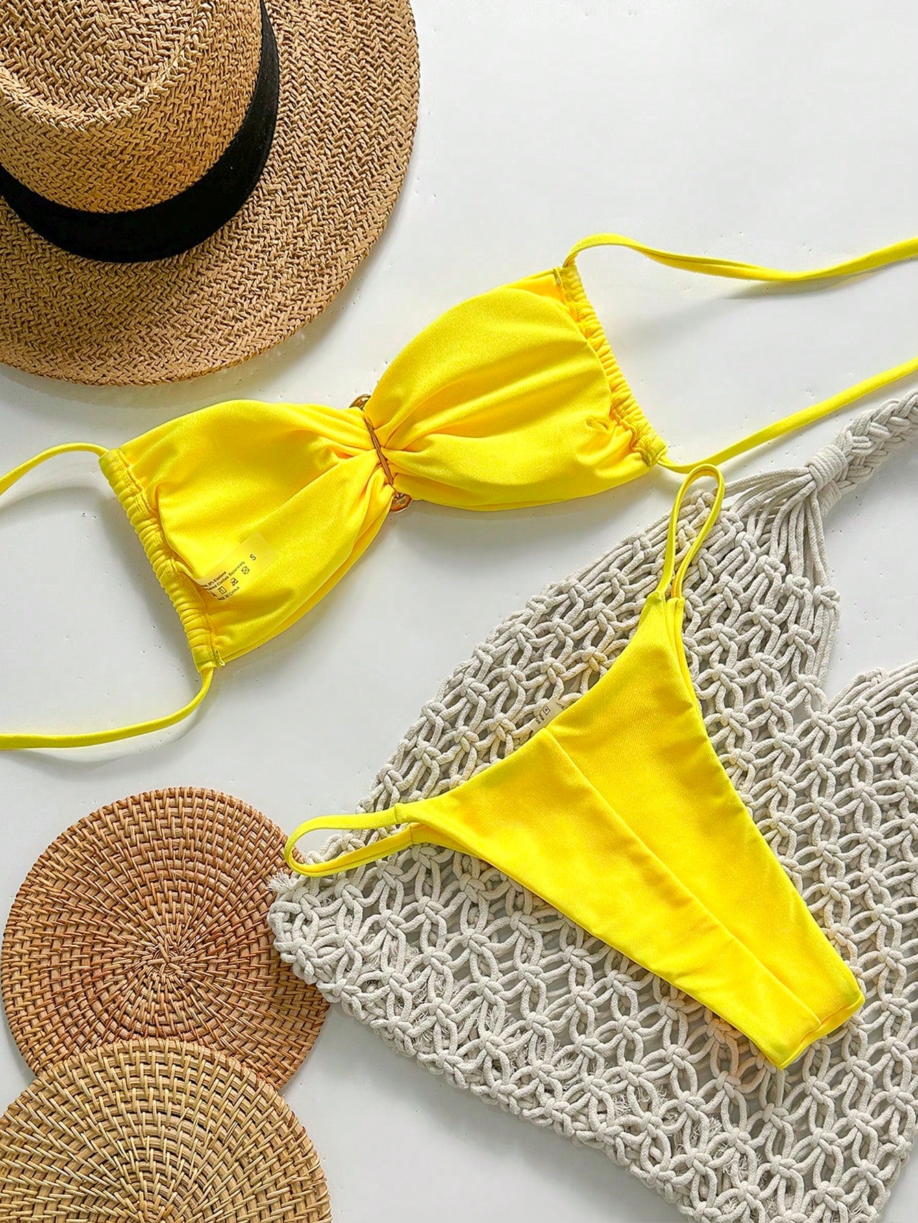 SHEIN Swim Conjunto de Maiô Bikini Feminino Strapless de Verão Solid Color com Amarração e Decoração Metálica, Sexy