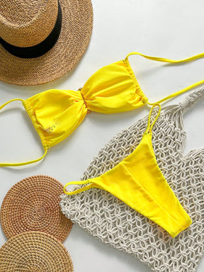 SHEIN Swim Conjunto de Maiô Bikini Feminino Strapless de Verão Solid Color com Amarração e Decoração Metálica, Sexy