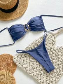 SHEIN Swim Conjunto de Maiô Bikini Feminino Strapless de Verão Solid Color com Amarração e Decoração Metálica, Sexy