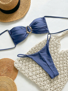 SHEIN Swim Conjunto de Maiô Bikini Feminino Strapless de Verão Solid Color com Amarração e Decoração Metálica, Sexy