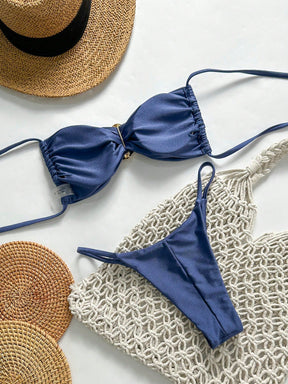 SHEIN Swim Conjunto de Maiô Bikini Feminino Strapless de Verão Solid Color com Amarração e Decoração Metálica, Sexy