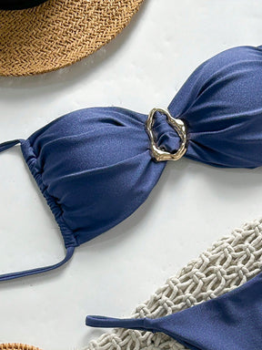 SHEIN Swim Conjunto de Maiô Bikini Feminino Strapless de Verão Solid Color com Amarração e Decoração Metálica, Sexy