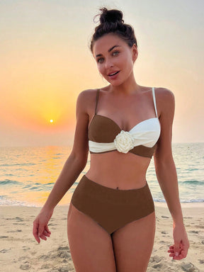 SHEIN Swim Conjunto de Maiô Bikini 3D Floral com Bloco de Cores de Praia de Verão