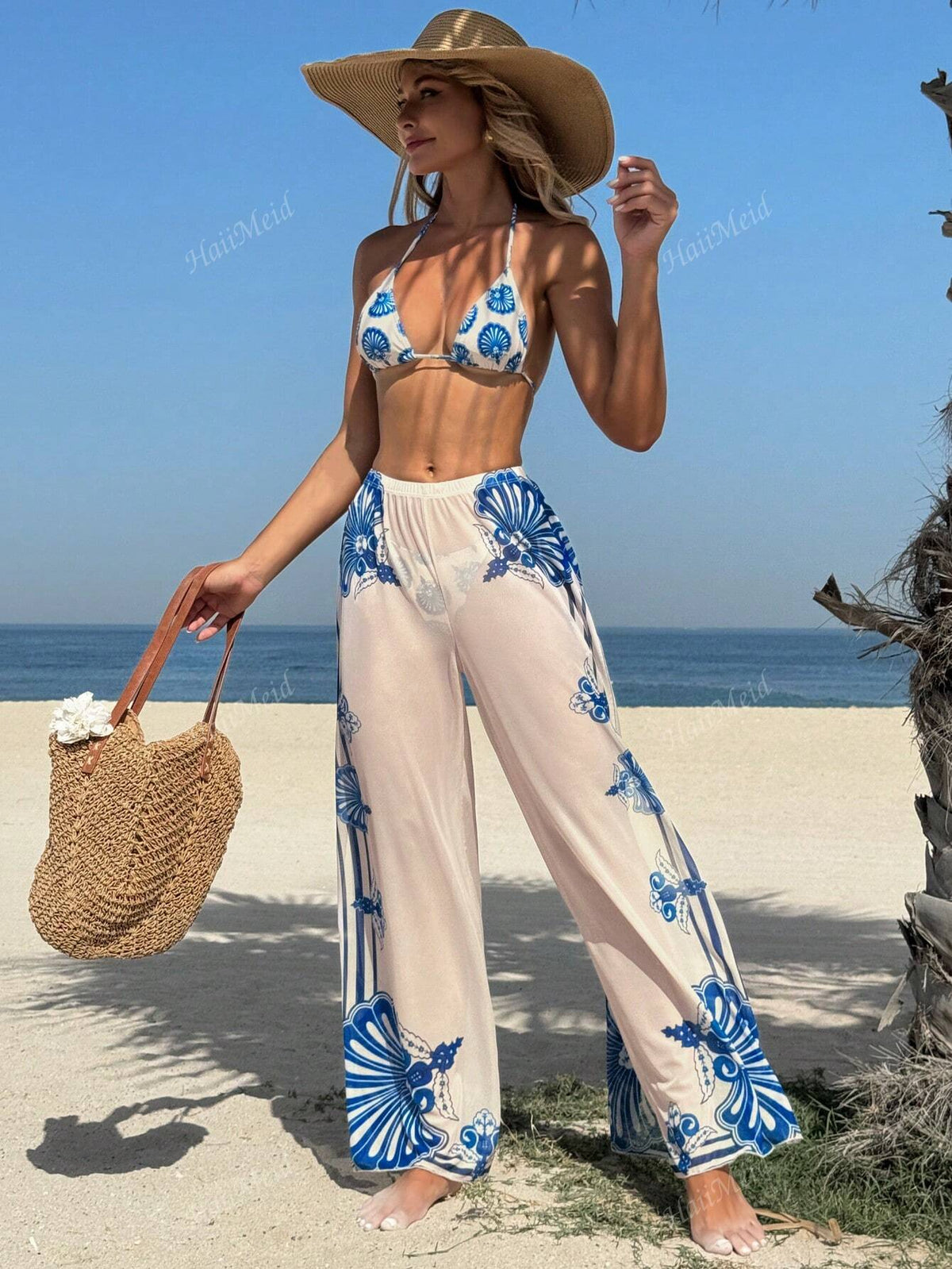 Conjunto de Maiô Bikini Casual de Férias para Mulheres 2025: Sutiã Triângulo de Alça Fina com Calcinha de Maiô Bikini de Amarração Lateral, Calça Longa de Tela Estampada Fixa