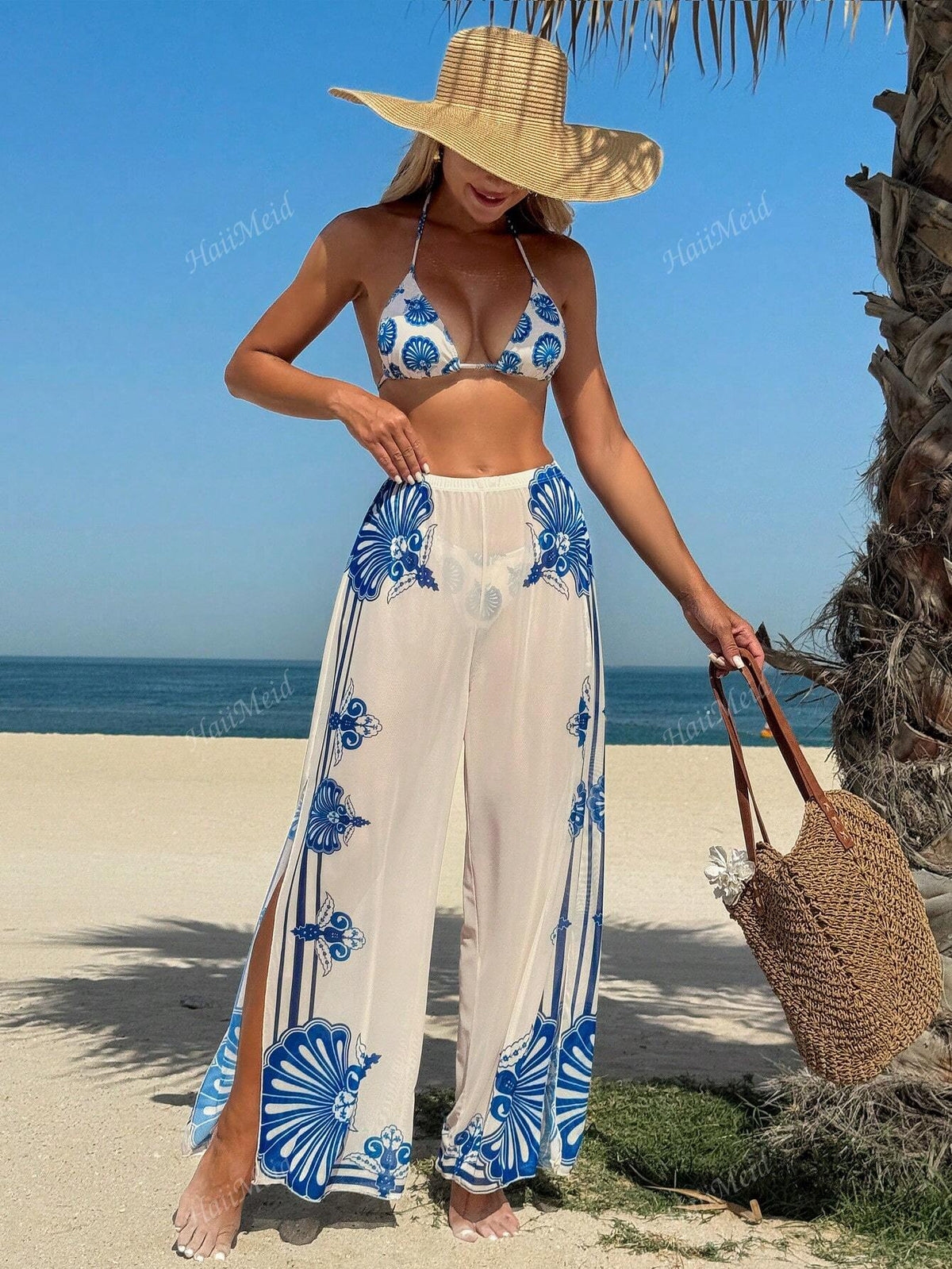 Conjunto de Maiô Bikini Casual de Férias para Mulheres 2025: Sutiã Triângulo de Alça Fina com Calcinha de Maiô Bikini de Amarração Lateral, Calça Longa de Tela Estampada Fixa