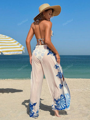 Conjunto de Maiô Bikini Casual de Férias para Mulheres 2025: Sutiã Triângulo de Alça Fina com Calcinha de Maiô Bikini de Amarração Lateral, Calça Longa de Tela Estampada Fixa