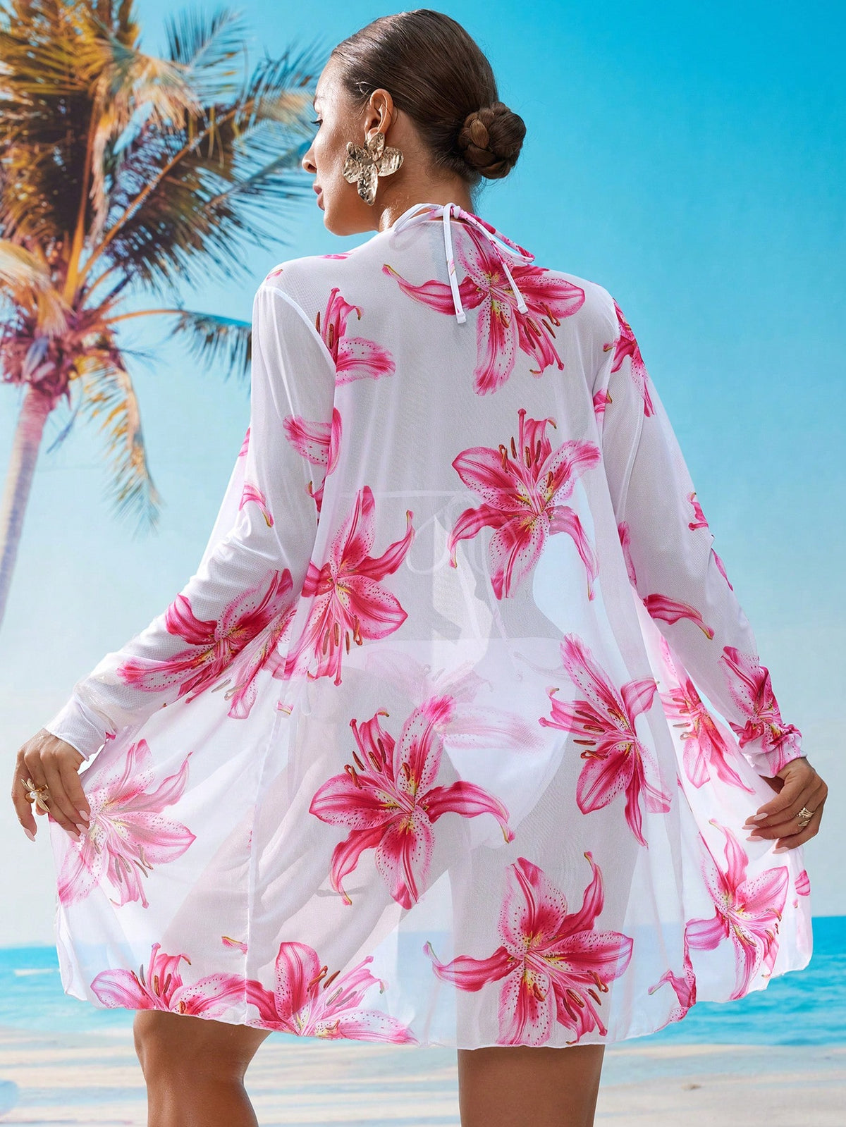 Swim Vcay Conjunto de biquíni malha impressão floral triângulo sutiã top & lado do laço bottom biquini & quimonos roupa de banho 3 peças
