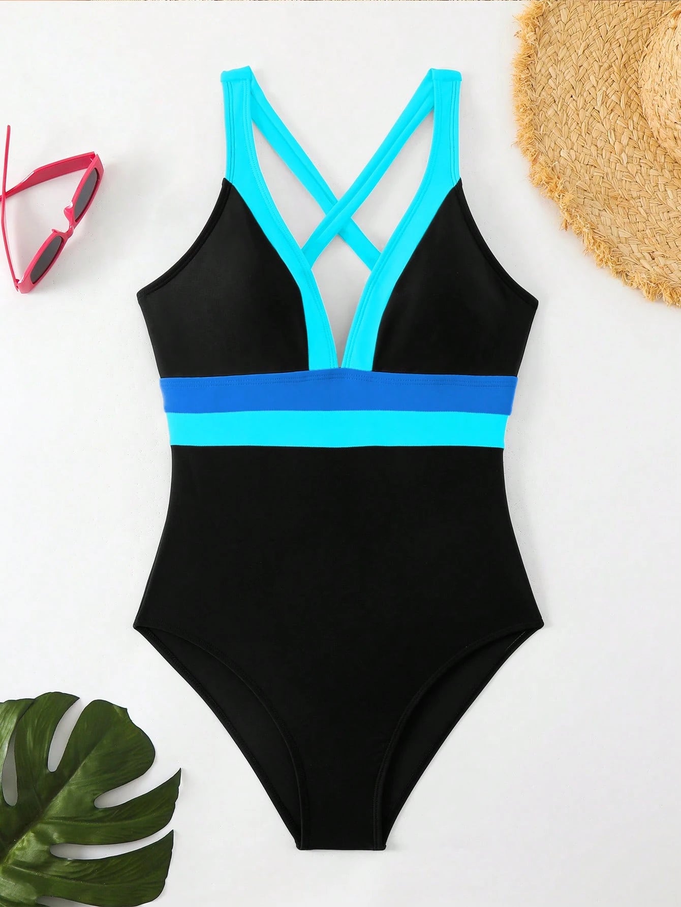 Maiô Sexy de Moda Feminino de Cor Contrastante, Alça Alta, Maiô de Peça Única