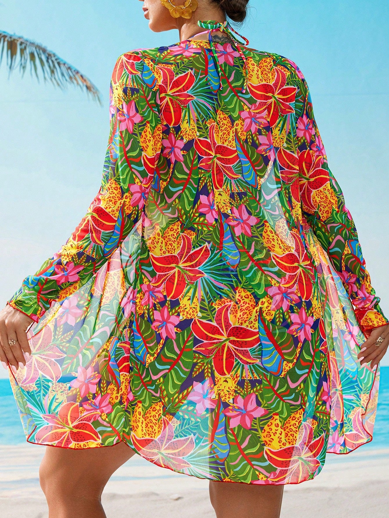 Swim Vcay Conjunto de biquíni malha impressão floral triângulo sutiã top & lado do laço bottom biquini & quimonos roupa de banho 3 peças