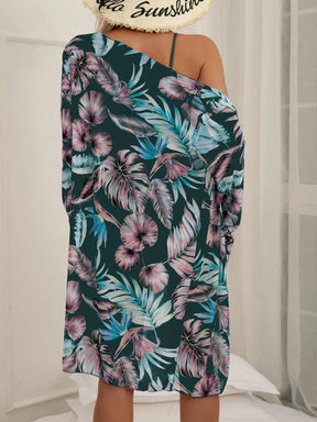 SHEIN Swim Conjunto de Maiô Bikini com alças finas e estampa contrastante de praia tropical de verão e quimono com estampa tropical