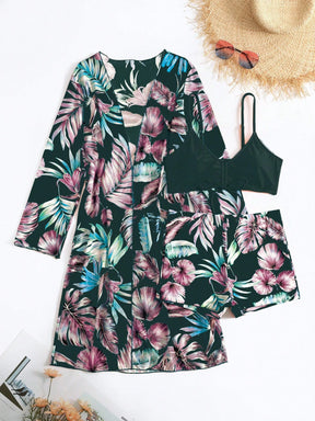 SHEIN Swim Conjunto de Maiô Bikini com alças finas e estampa contrastante de praia tropical de verão e quimono com estampa tropical