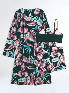 SHEIN Swim Conjunto de Maiô Bikini com alças finas e estampa contrastante de praia tropical de verão e quimono com estampa tropical